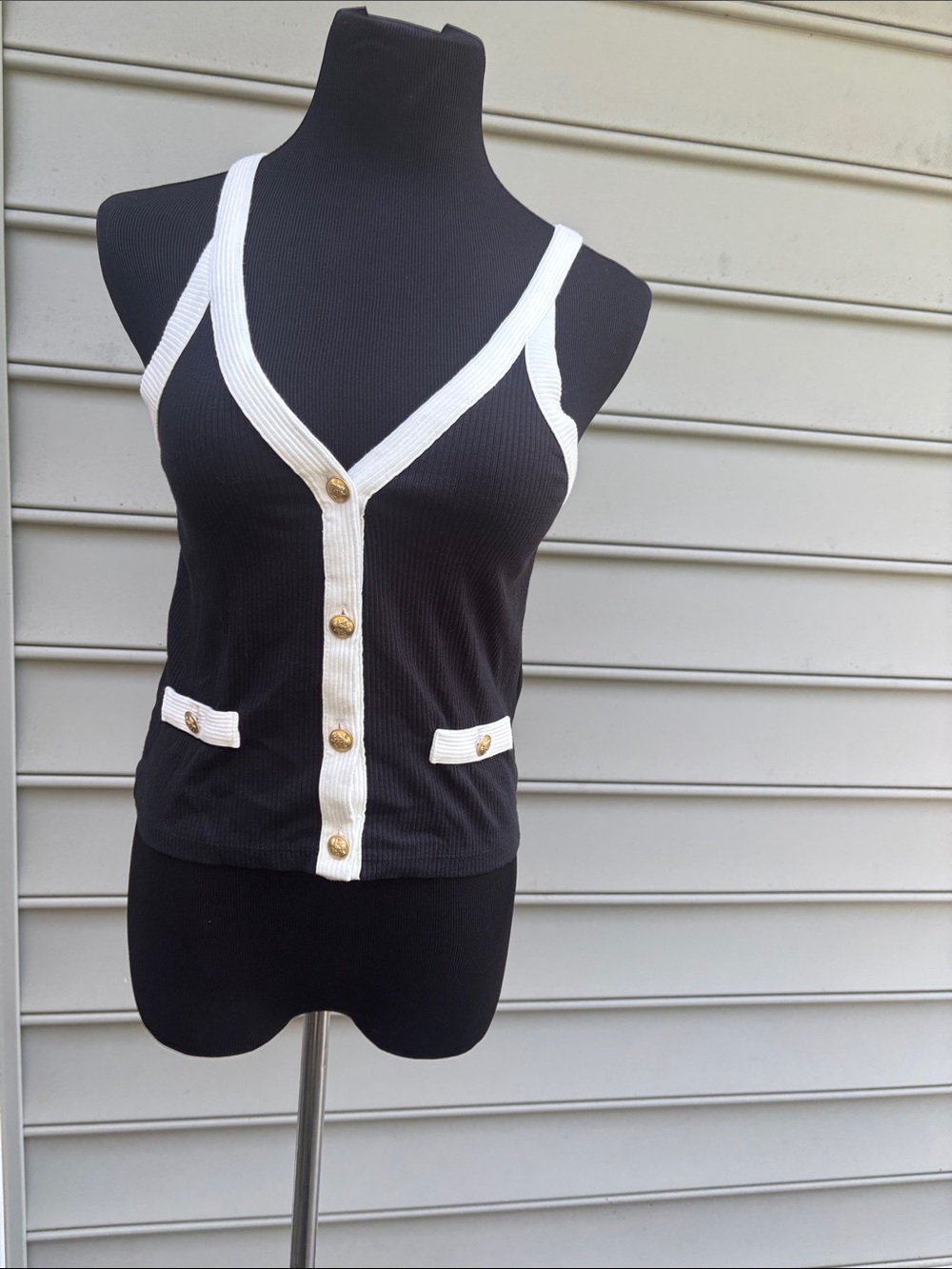 J. Crew Black Tank with White Trim & Gold Buttons